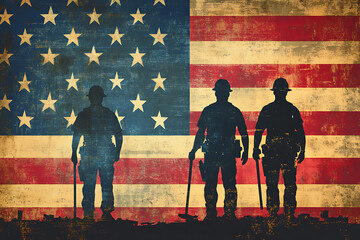 Silhouetted workers against distressed American flag