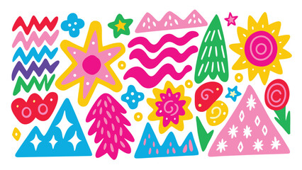 Colorful whimsical doodle pattern with stars trees mountains and flowers in bright pink yellow and green