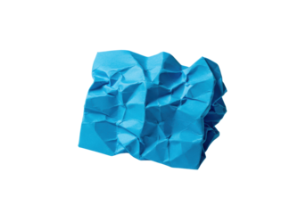 Vibrant blue crumpled paper, complex creases and pronounced folds, centrally on a transparent background with soft shadow and ample negative space, studio lighting, ultra photorealistic concept of