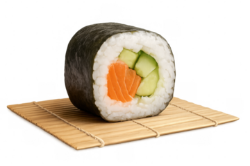 Hosomaki salmon sushi roll resting on bamboo mat, featuring cucumber and rice against transparent backdrop