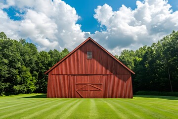 Vibrant Red Barn Surrounded by Lush Greenery Under a Bright Blue Sky