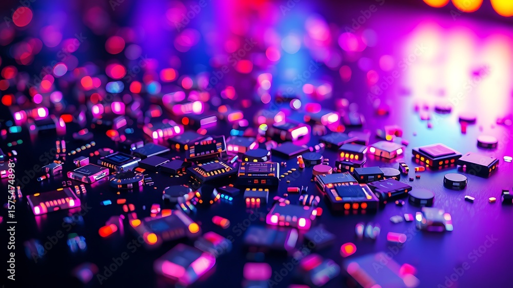Poster vibrant macro shot of electronic components with bokeh - modern technology background for tech blogs
