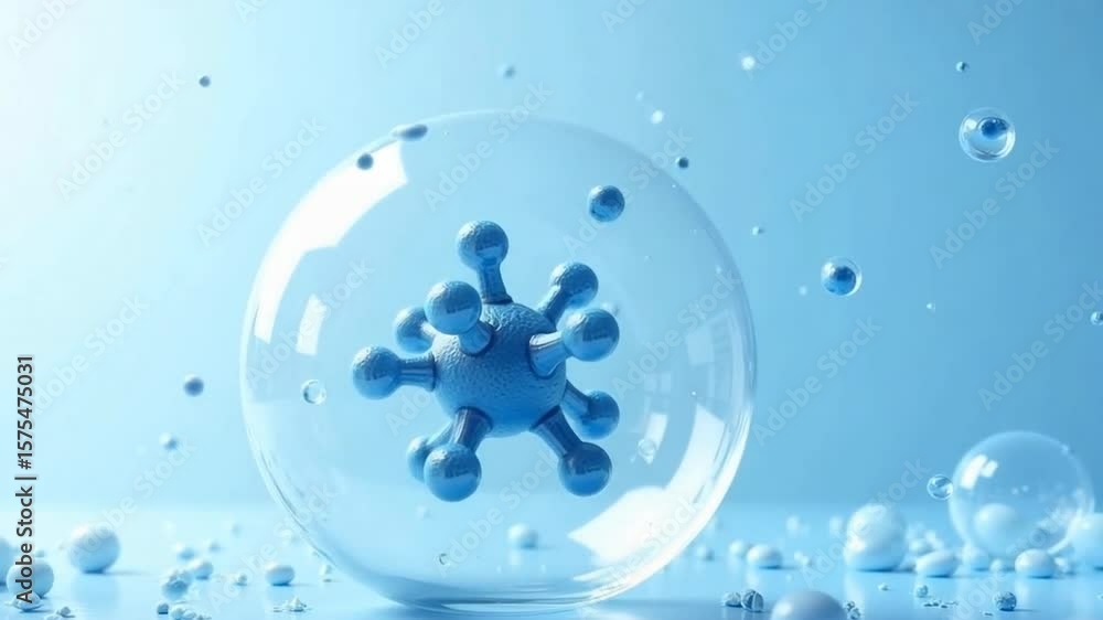 Poster the image features a stylized blue virus-like structure encapsulated within a transparent bubble, se