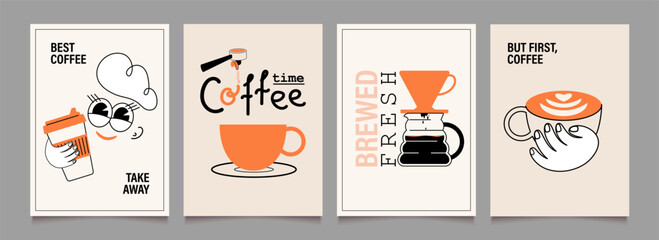 Illustrations of coffee break poster design. Icons, stickers for menu, kitchen, cafe, store. Character with mug. Pour-over coffee, coffeepot. Vector minimalist art.