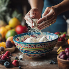 Hands mixing flour in colorful bowl with fresh fruit on rustic wooden table, joyful atmosphere