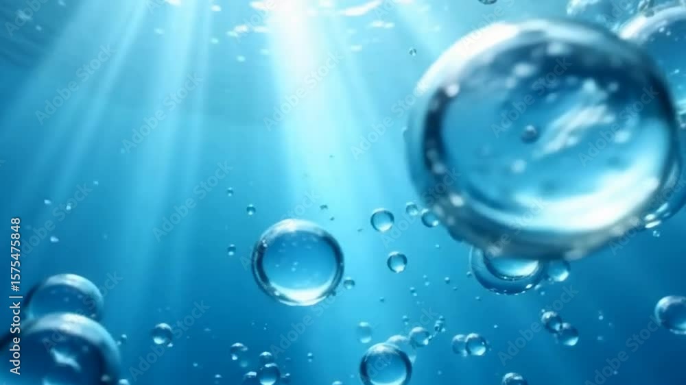 Poster the image features a serene underwater scene with various bubbles rising against a soft blue backgro