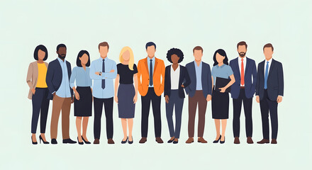 Diverse group of business professionals standing together, showcasing teamwork and corporate unity.