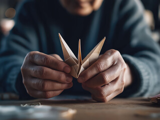 Hands folding paper crane origami, creative focus, peaceful atmosphere, wooden table surface