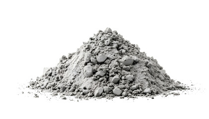 Grey powder pile against white background. A large mound of grey powder, with some particles scattered around the base, sits on a plain white surface