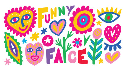 Colorful whimsical illustration featuring hearts faces flowers and the words funny face art