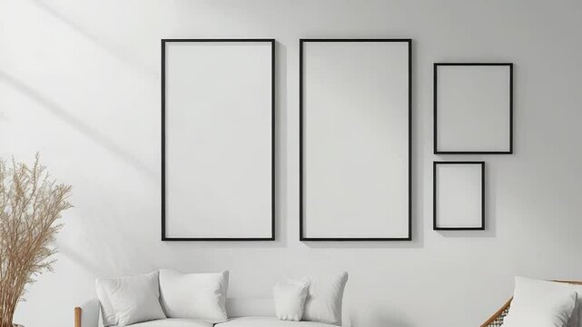 Modern interior design with empty frames and comfortable furniture