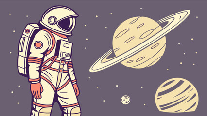 Astronaut in space exploring planets and stars vector illustration for science and exploration themes