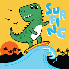 Cartoon green dinosaur surfing on big ocean wave with sunset background and tropical silhouettes
