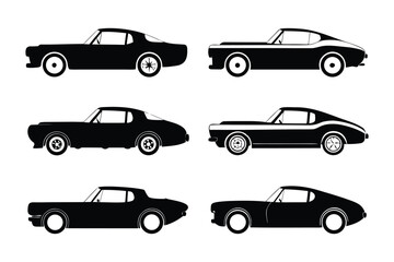 Classic Car Silhouettes: A collection of six classic muscle car silhouettes, presented in a clean and minimalist style. Perfect for projects needing a vintage automotive aesthetic.