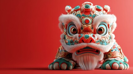 Fototapeta premium Festive Lion with Dance Costume Red Background.