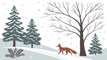 Winter scene illustration of fox in snowy landscape with trees and snowflakes vector graphic design