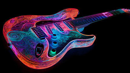 Glowing neon electric guitar on dark background