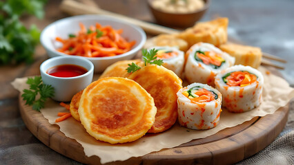 Delicious cheese pancakes with sushi rolls and carrot salad displayed on a wooden board, a culinary fusion for a tasty meal.