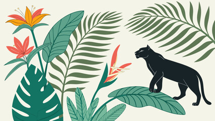 Black panther jungle illustration with tropical flowers and leaves vector design art print for sale
