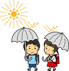 日傘をさす小学生男女