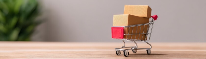 Seamless E-Commerce Transactions with Secure Payment Gateway Solutions, A miniature shopping cart with cardboard boxes on a wooden surface, symbolizing online shopping and delivery.