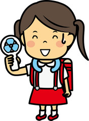 ハンディ扇風機で涼む小学生女児
