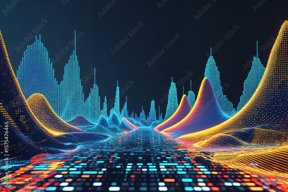 Poster modern digital environment featuring interactive data waves and textured pixel patterns