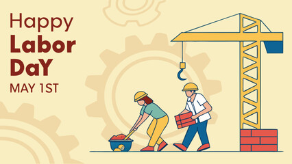 Happy labor day may construction workers building with crane vector illustration for holiday celebration
