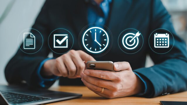 Businessman uses smartphone for project management and task scheduling app