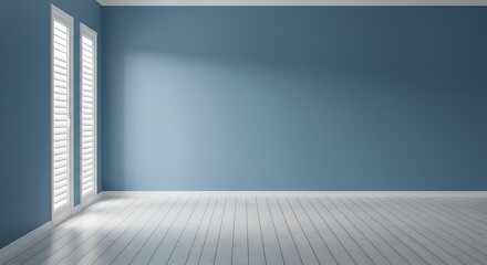 blue empty room with closed windows with white plank wood floor