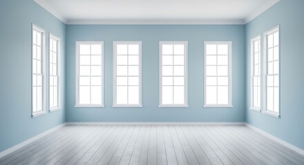 blue empty room with closed windows with white plank wood floor