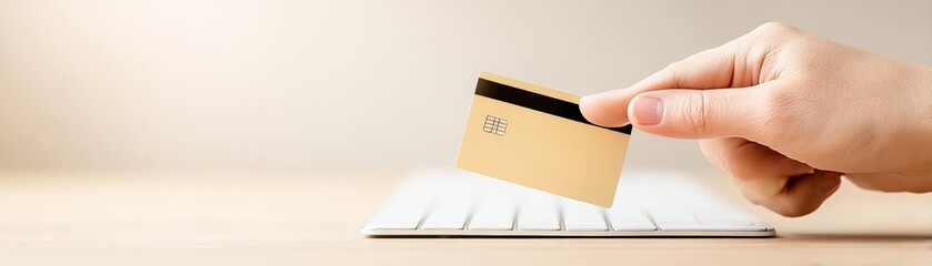 Seamless E-Commerce Transactions with Secure Payment Gateway Solutions, A hand holding a credit card above a computer keyboard on a clean, minimalistic desk.