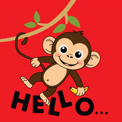 Cartoon monkey swinging by tail while holding banana and smiling above playful hello text on bright red background. Jungle greeting concept
