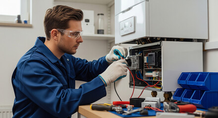 The master repairs the electrical part of a gas heating boiler, servicing heating systems