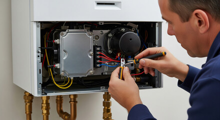 The master repairs the electrical part of a gas heating boiler, servicing heating systems