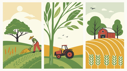 Farm landscape illustration with farmer tractor and barn rural countryside agriculture scenery vector art