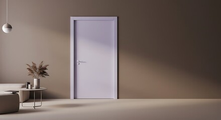 Minimalist brown and pastel purple interior with closed modern door
