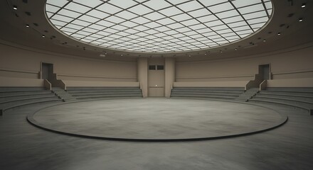 Empty spacious futuristic design round presentation hall with squared transparent ceiling, concrete floor and light wall.
