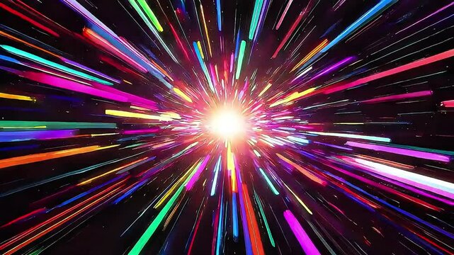 Vibrant color abstract light tunnel with neon burst and digital glitch effect