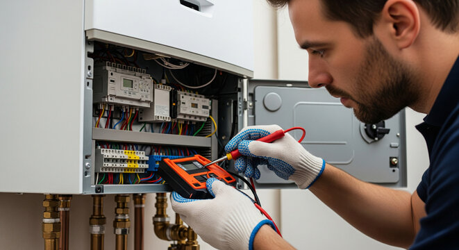 The master repairs the electrical part of a gas heating boiler, servicing heating systems