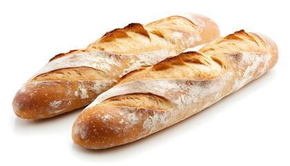Freshly baked baguette or Golden-brown baguette, freshly baked and dusted with flour. One freshly baked baguette isolated