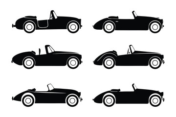 Classic Convertible Car Silhouettes: Six elegant silhouettes of classic convertible cars, perfect for automotive design, vintage car illustrations, and classic car projects.