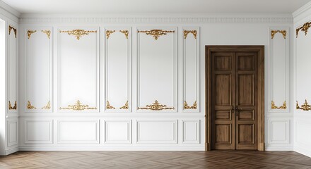 White wall panels in classical style with gilding and door