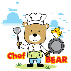 Cartoon bear wearing chef hat holding spatula and frying pan with yellow bird perched on pan under chef bear text. Cooking theme concept
