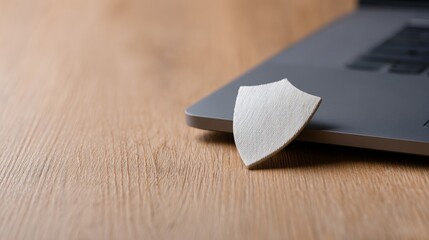 Seamless E-Commerce Transactions with Secure Payment Gateway Solutions, A laptop with a protective shield resting on a wooden surface, symbolizing security and technology.