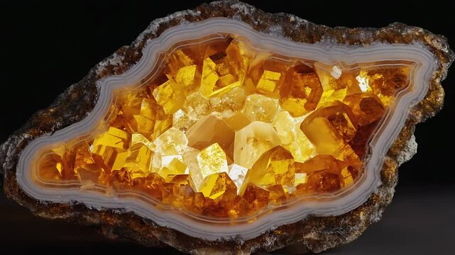 Polished agate showing bright citrine crystals inside on dark background