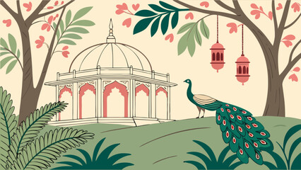 Beautiful indian garden scene with peacock illustration vector art design for print and web design use