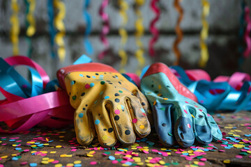 Festive gloves with confetti and streamers yellow blue