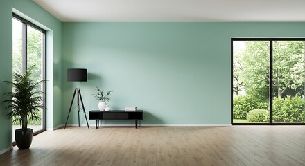 Scene empty room mint and black on wooden floor interior design
