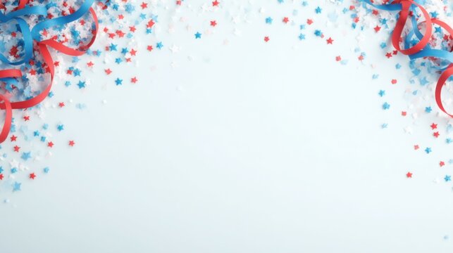 A white background with red, blue and white streamers and stars